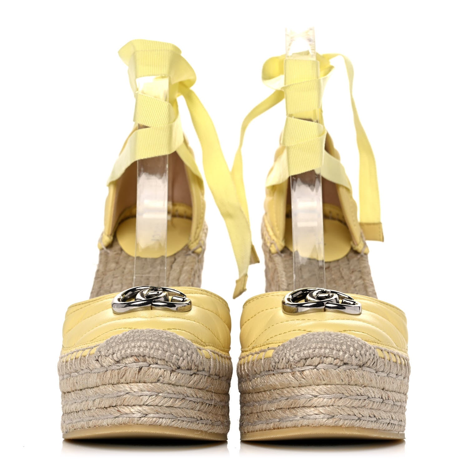 Gucci Nappa Matelasse GG Marmont Ankle Wrap Platform Espadrille Wedges 37.5 Banana 2 of 10