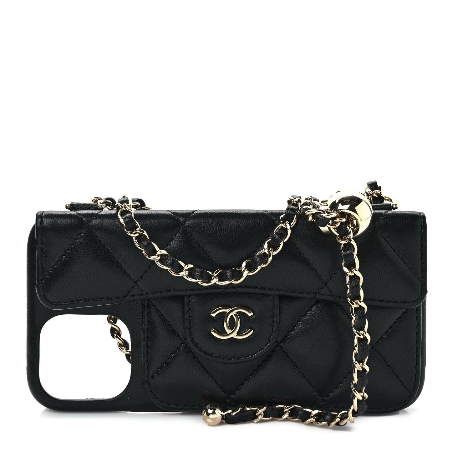 Lambskin Quilted Pearl Crush iPhone XII Pro Holder With Chain Black