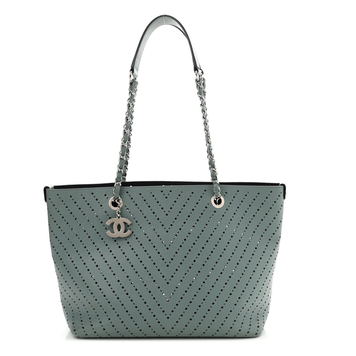 Perforated Grained Calfskin Small Shopping Tote Green