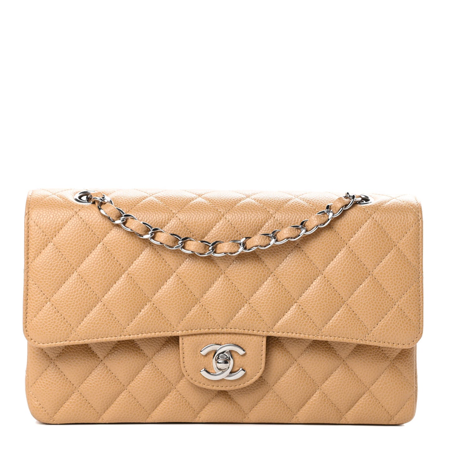 Caviar Quilted Medium Double Flap Beige