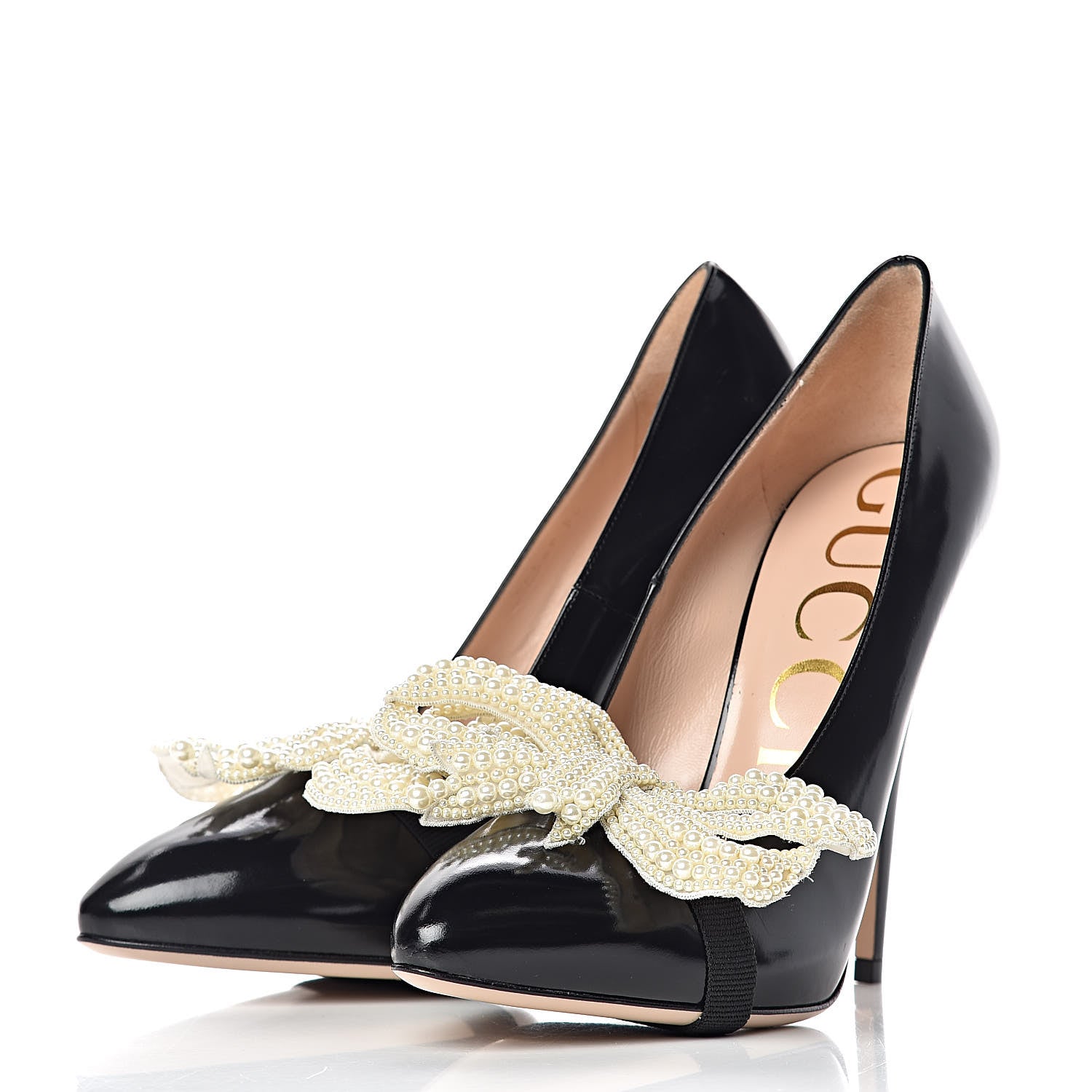 Gucci Polished Calfskin Removable Pearly Bow Elaisa Platform High Heel Pumps 38 Black 6 of 15