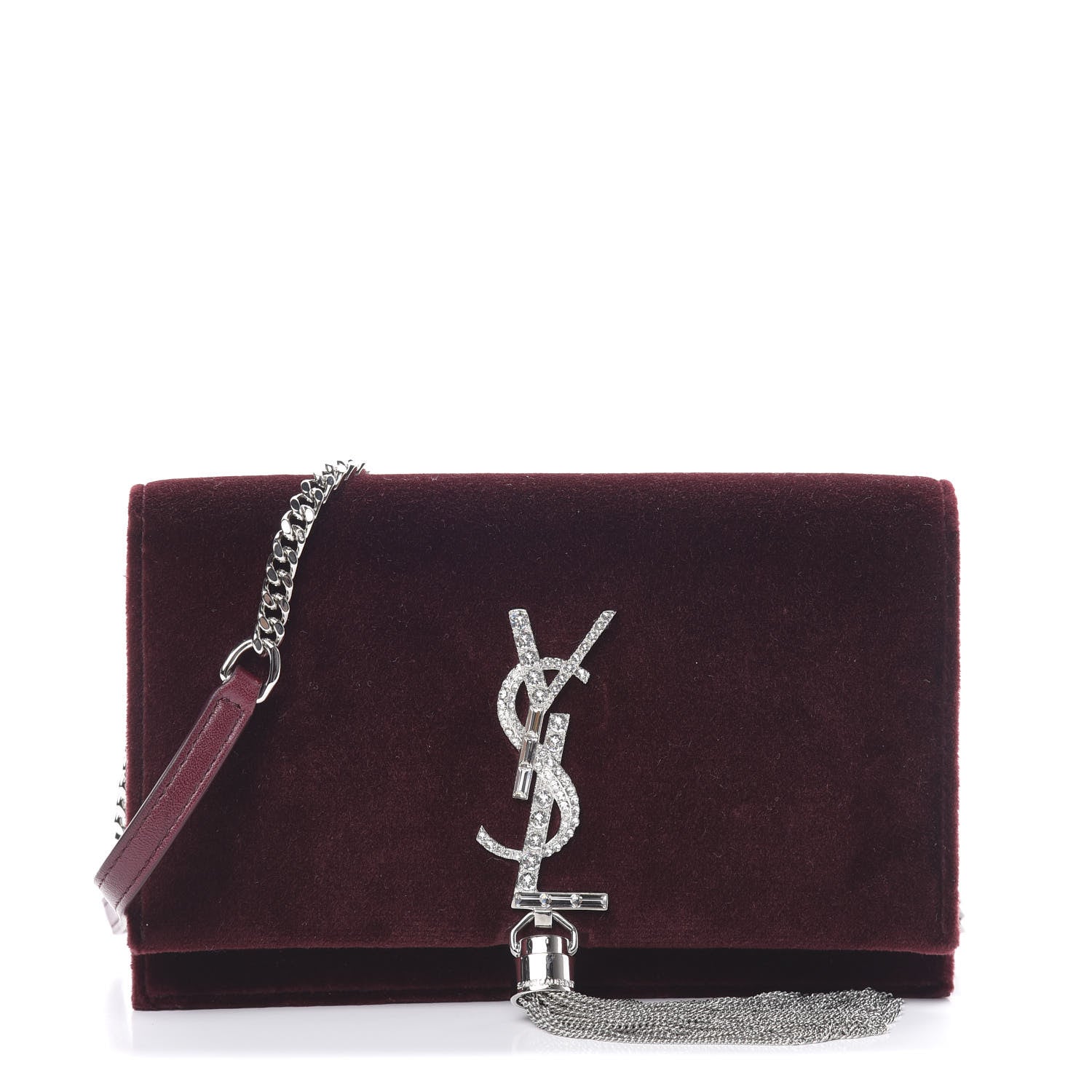 Saint Laurent Velvet Crystal Monogram Kate Tassel Shoulder Bag Burgundy 1 of 11