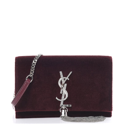 Saint Laurent Velvet Crystal Monogram Kate Tassel Shoulder Bag Burgundy 1 of 11