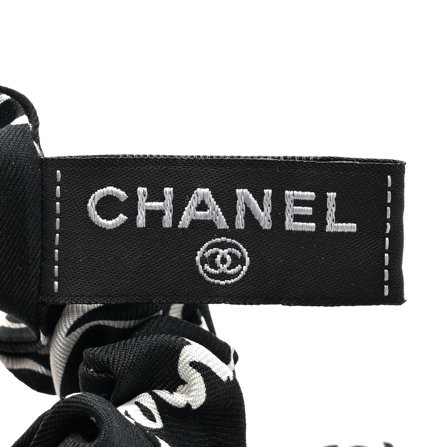 Chanel Silk Twill Logo Bow Hair Tie Black White 4 of 5