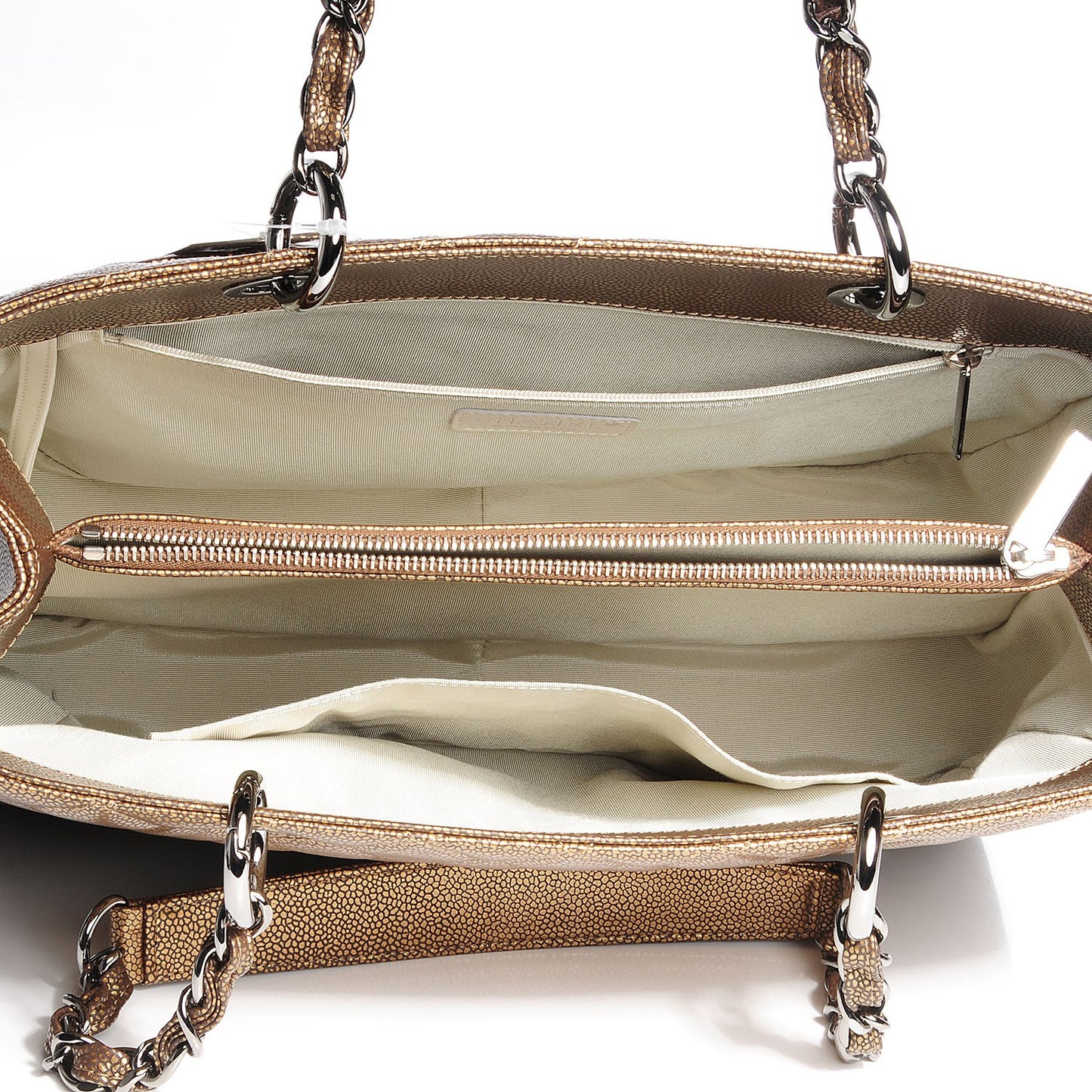Metallic Caviar Quilted Grand Shopping Tote GST Khaki