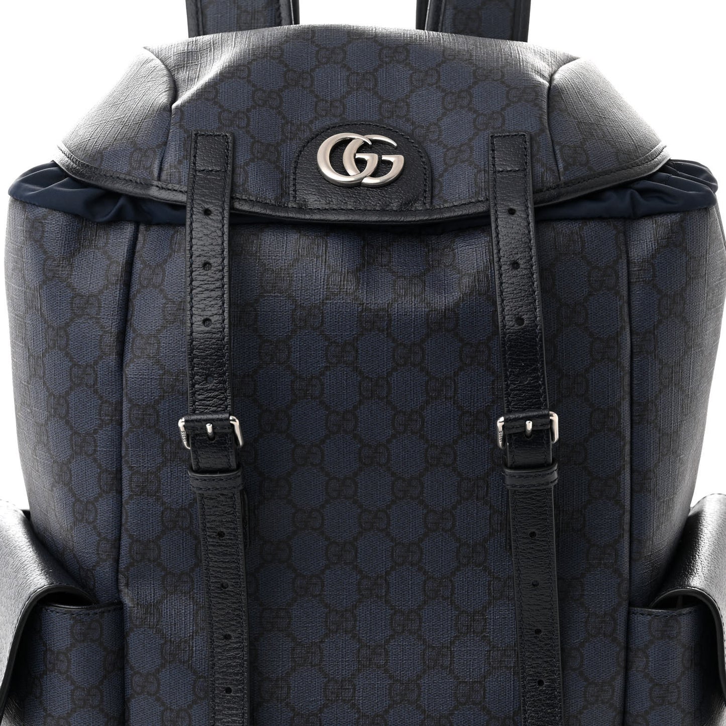 GG Supreme Monogram Textured Dollar Calfskin Medium Double Buckle Backpack Blue Dark Blue Black