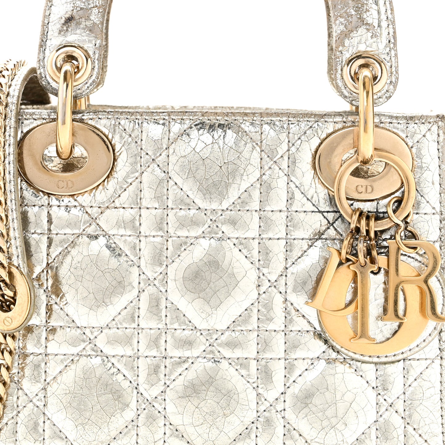 Metallic Crinkled Lambskin Cannage Mini Lady Dior Silver