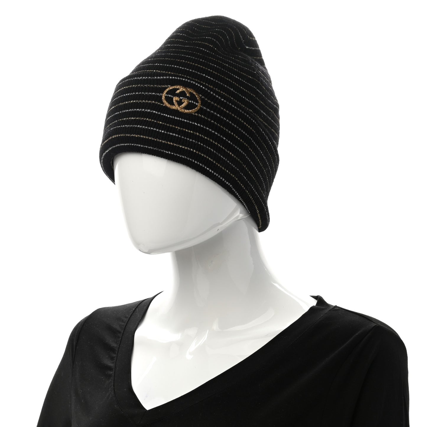 Metallic Wool Polyester Stripe Beanie Hat M Black Gold