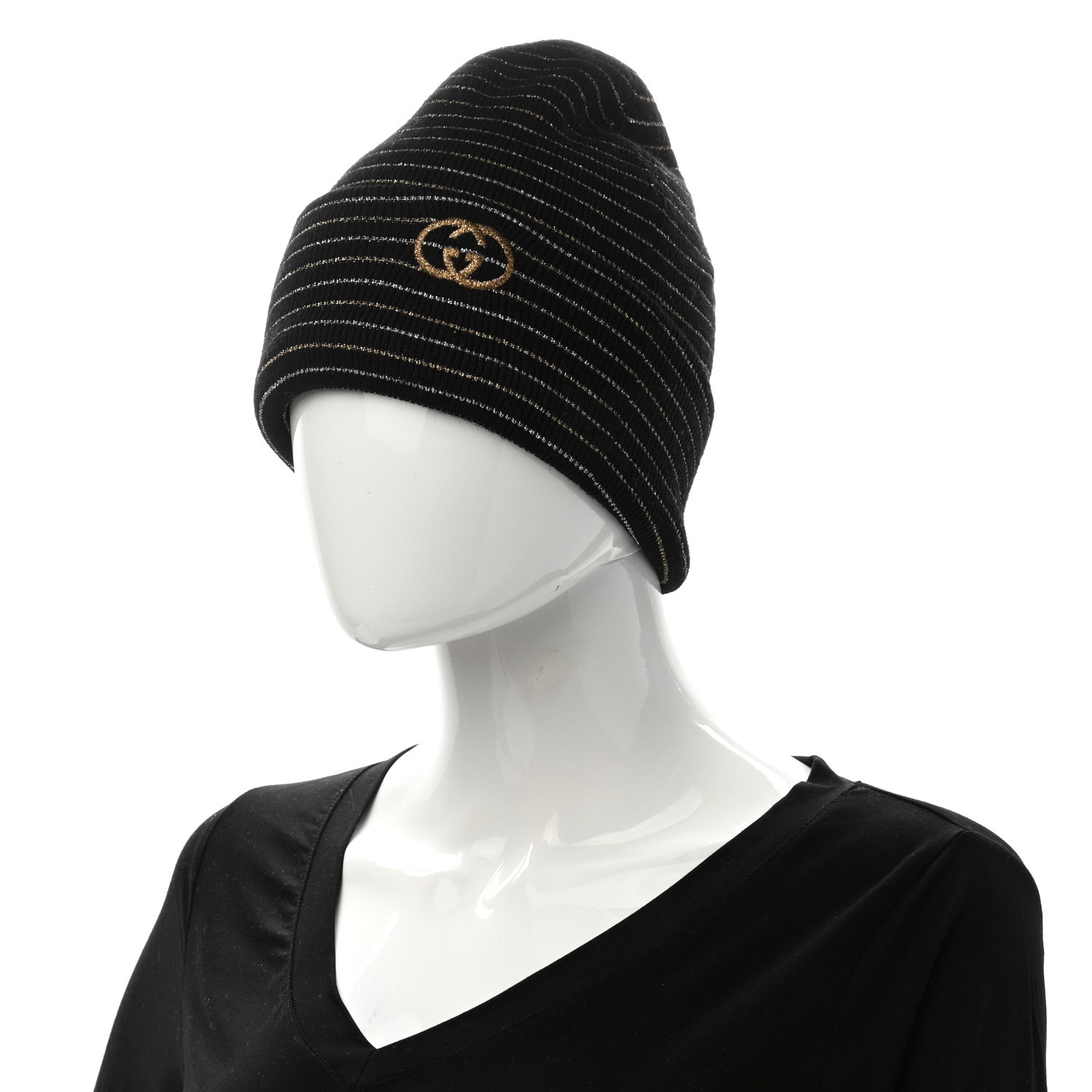 Gucci Metallic Wool Polyester Stripe Beanie Hat M Black Gold 2 of 4