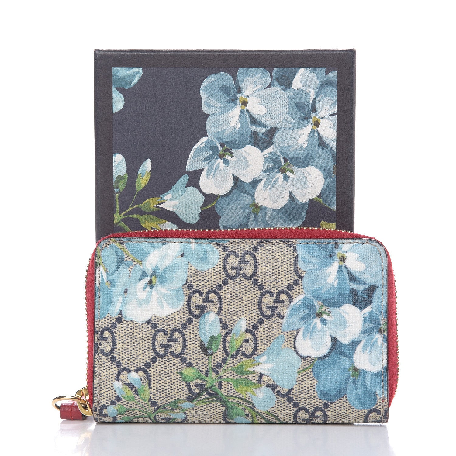 Gucci GG Supreme Monogram Blooms Zip Around Card Case Wallet Beige Blue Navy Hibiscus Red 8 of 8