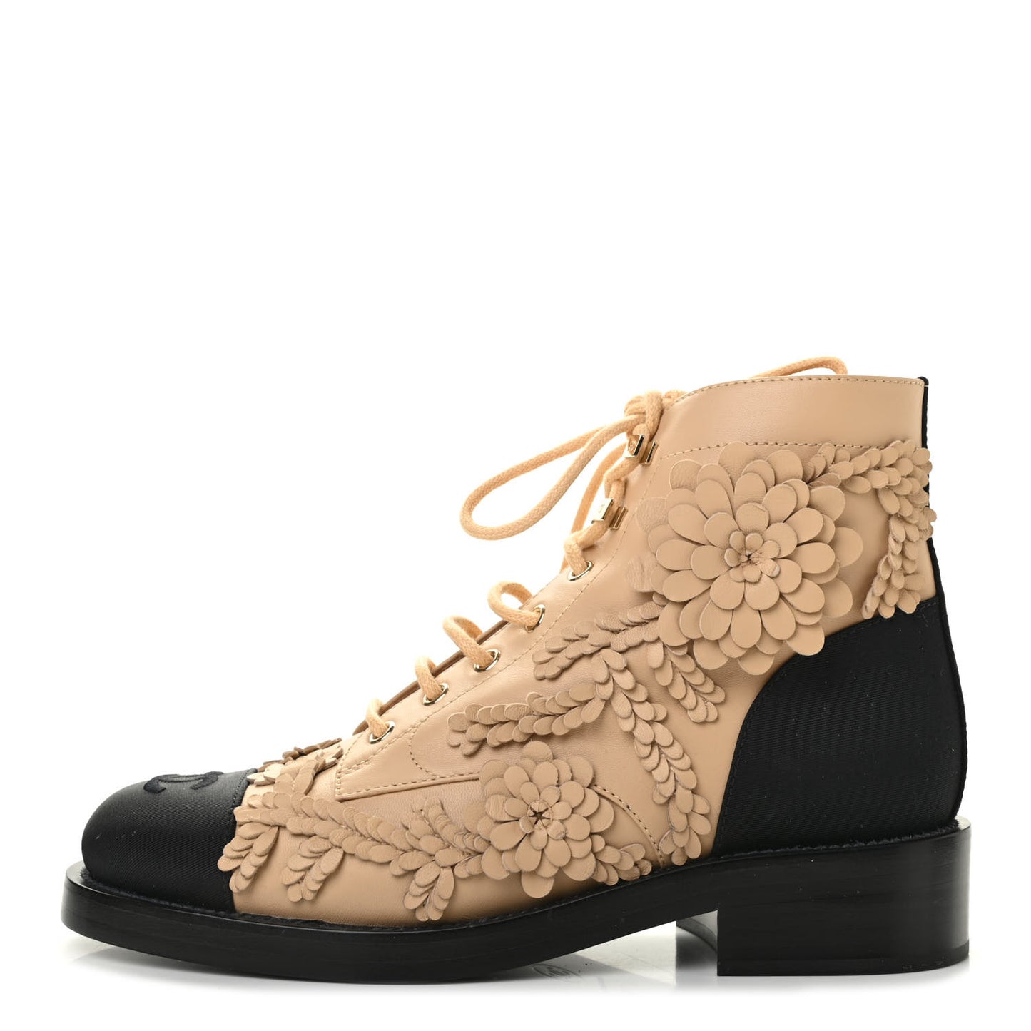 Embroidered Lambskin Grosgrain Lace Up Boots 38 Beige Black