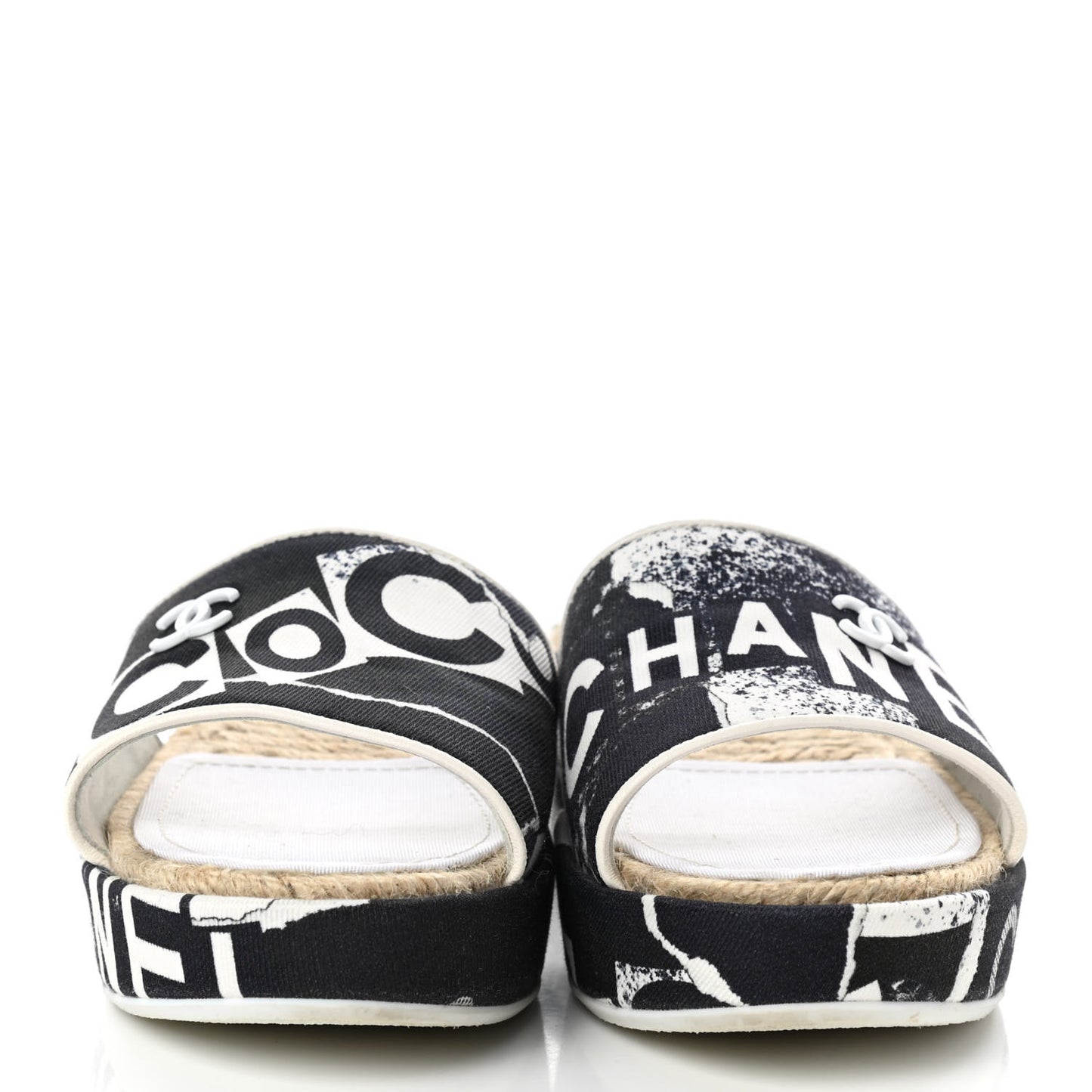 Fabric Grosgrain Printed CC Espadrille Slip On Sandals 35 White Black