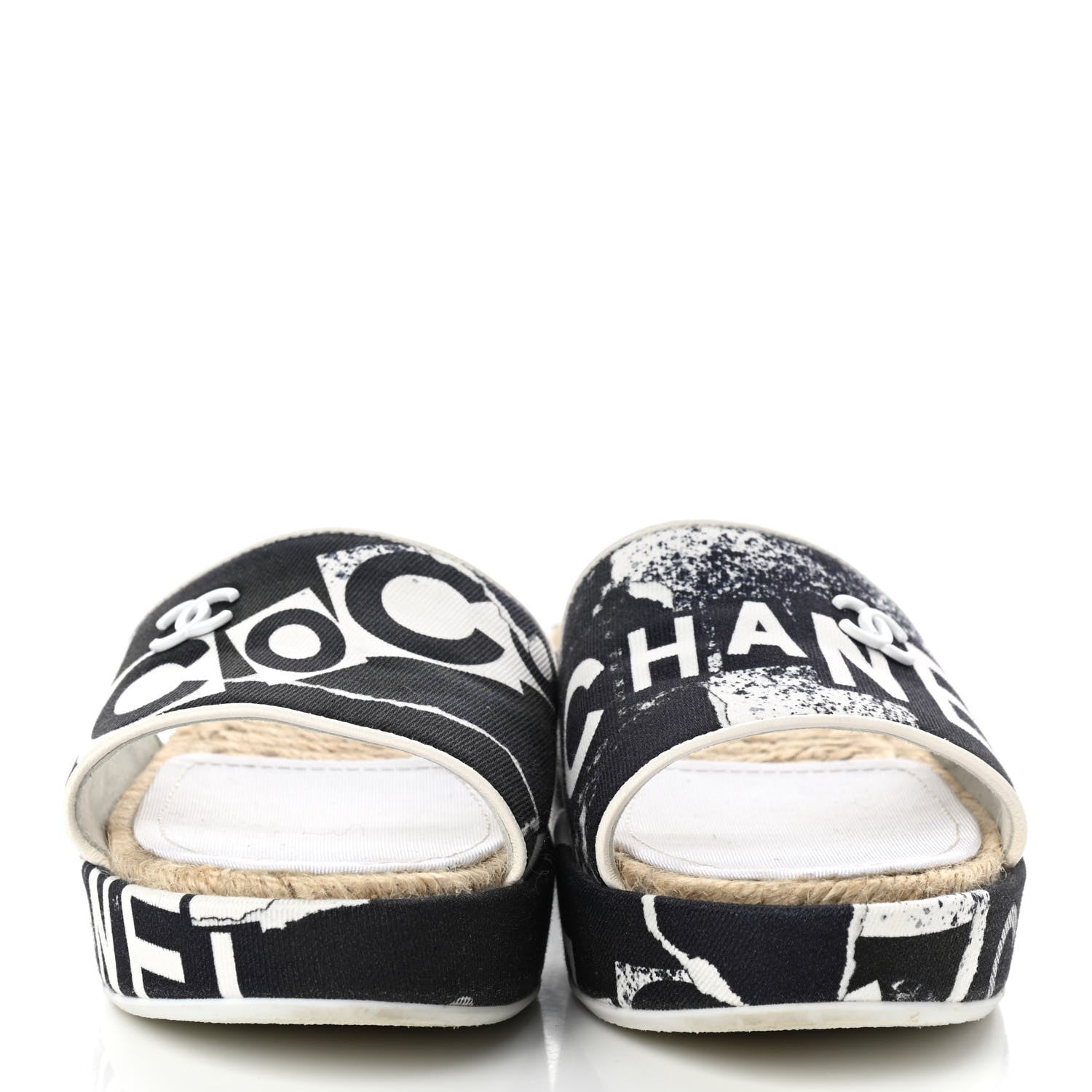 Chanel Fabric Grosgrain Printed CC Espadrille Slip On Sandals 35 White Black 2 of 7