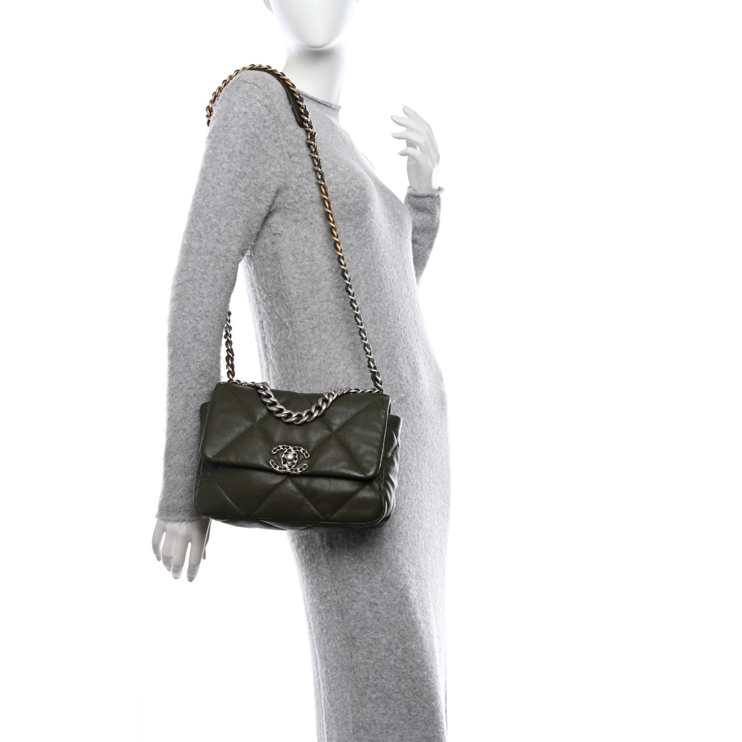 Lambskin Quilted Medium Chanel 19 Flap Khaki