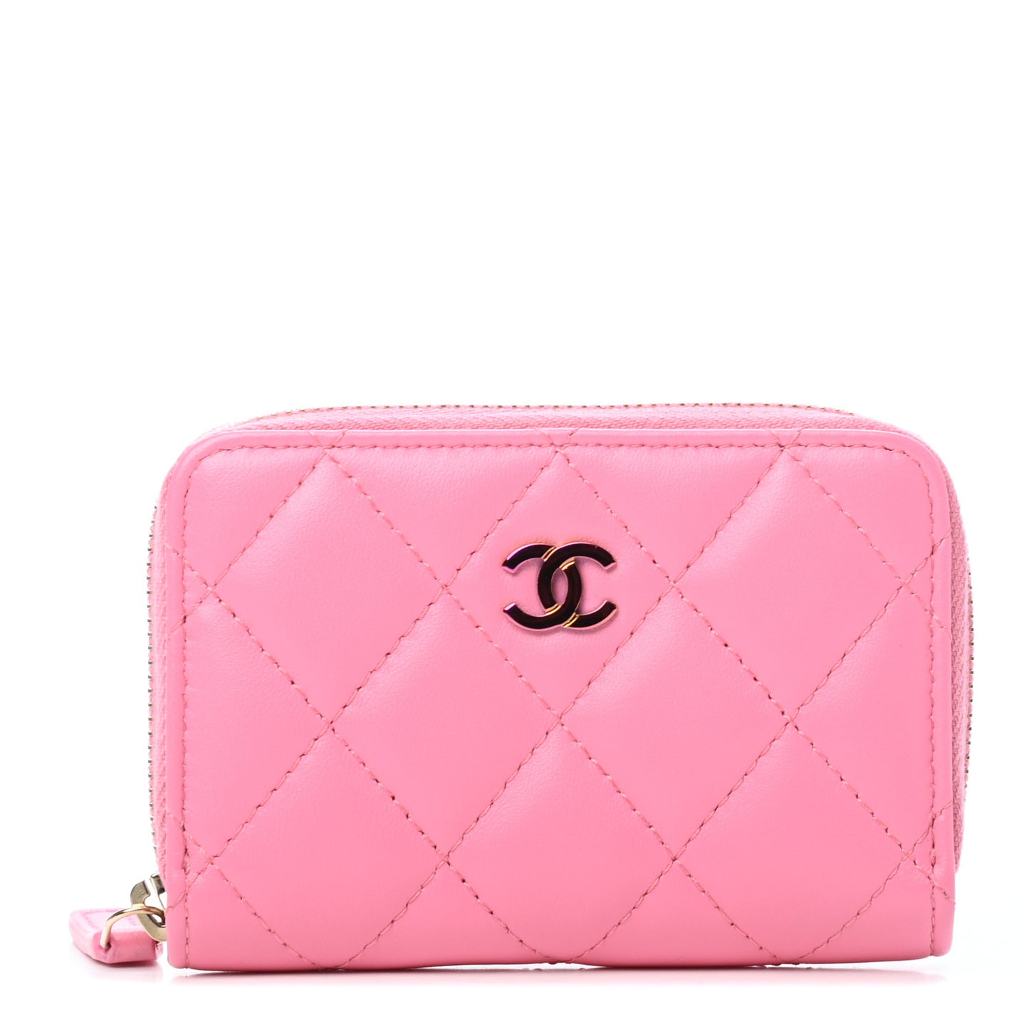 Lambskin Quilted Zip Around Coin Purse Wallet Pink Yellow