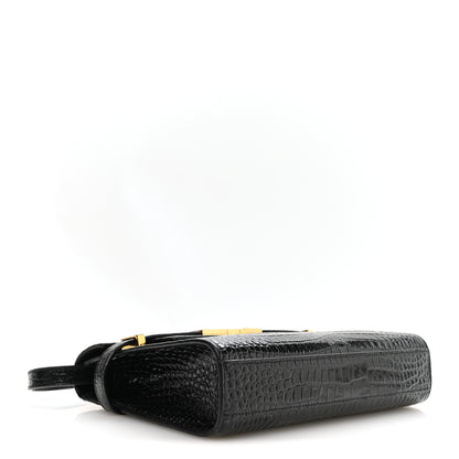 Saint Laurent Shiny Calfskin Crocodile Embossed Small Manhattan Baguette Black 4 of 10