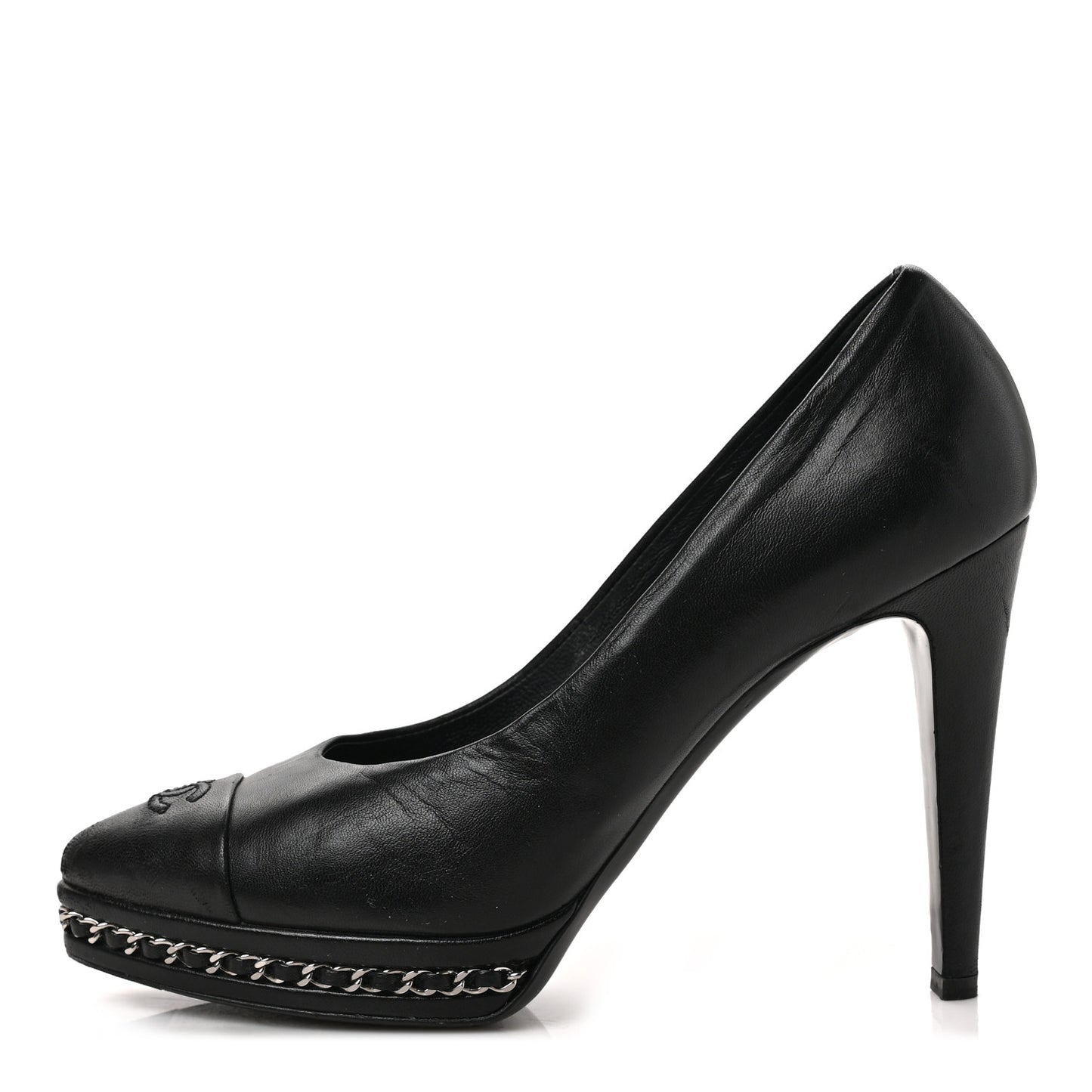 Lambskin CC Cap Toe Platform Chain Pumps 39 Black