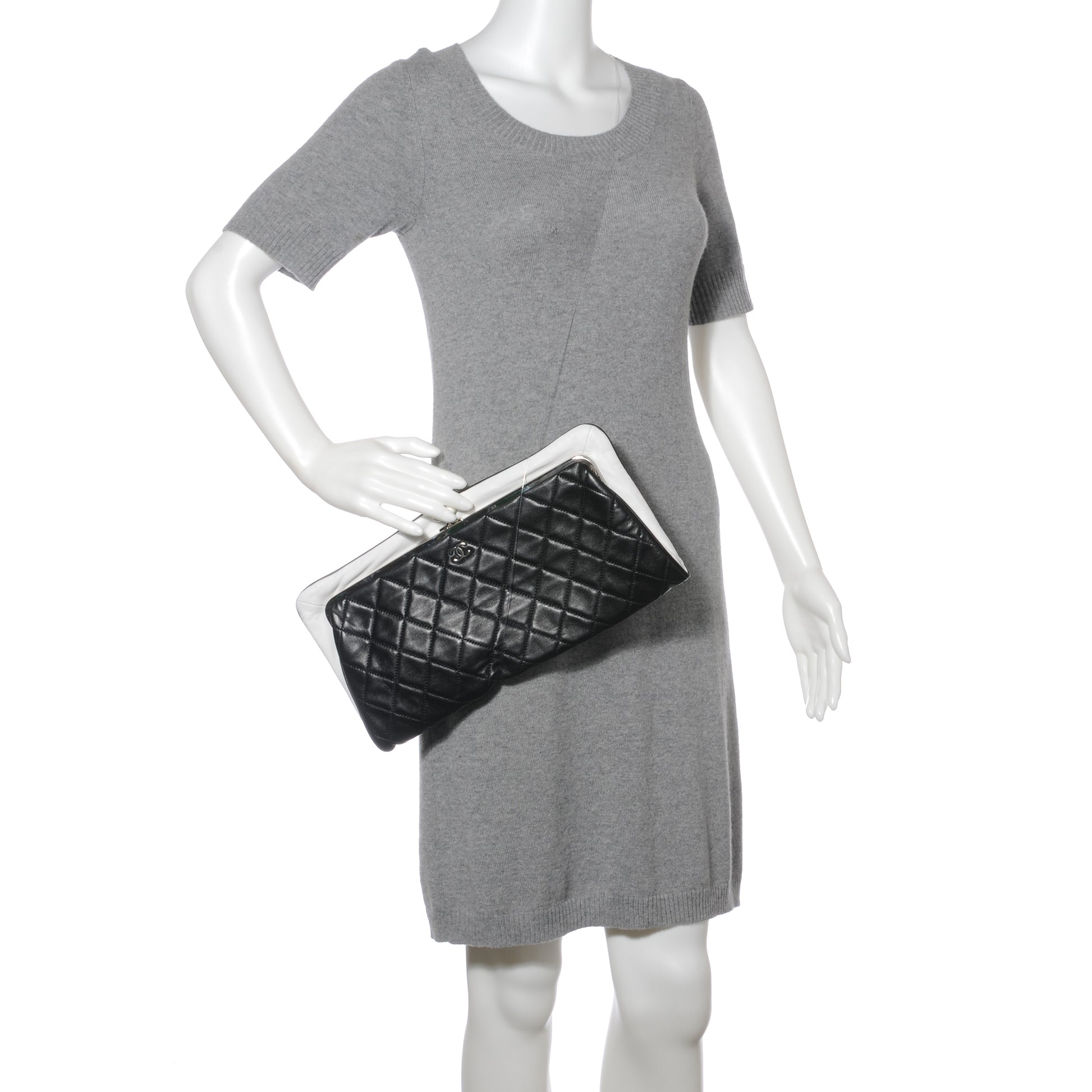 Chanel Lambskin Quilted Resin Pearl Clasp Clutch Black White 2 of 8