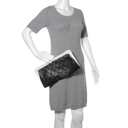 Chanel Lambskin Quilted Resin Pearl Clasp Clutch Black White 2 of 8