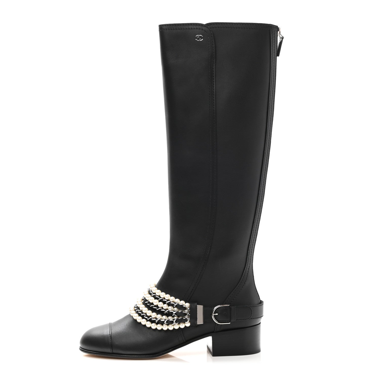 Chanel Calfskin Pearl Cap Toe High Boots 39 Black 1 of 9