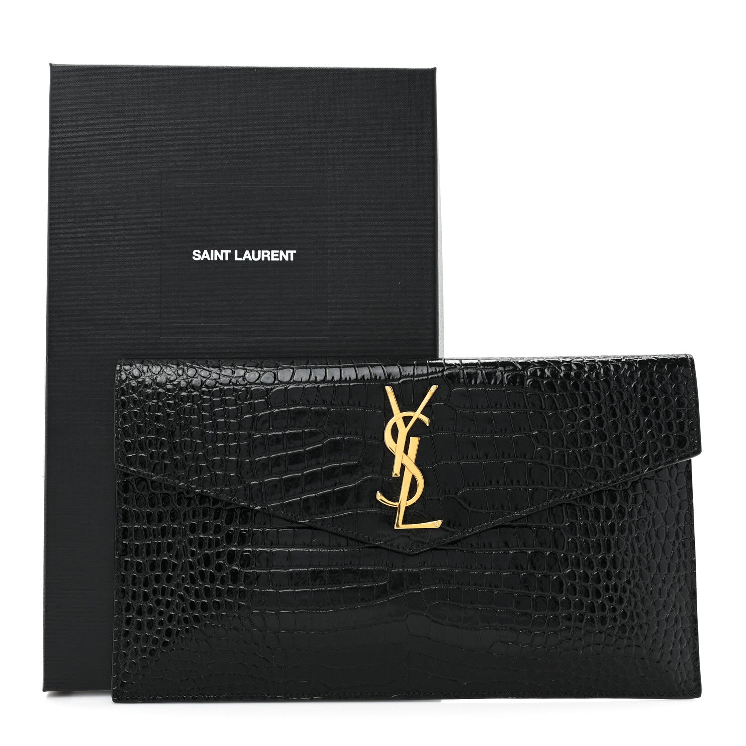 Saint Laurent Calfskin Crocodile Embossed Uptown Monogram Clutch Black 11 of 11