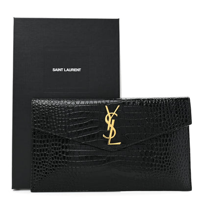 Saint Laurent Calfskin Crocodile Embossed Uptown Monogram Clutch Black 11 of 11
