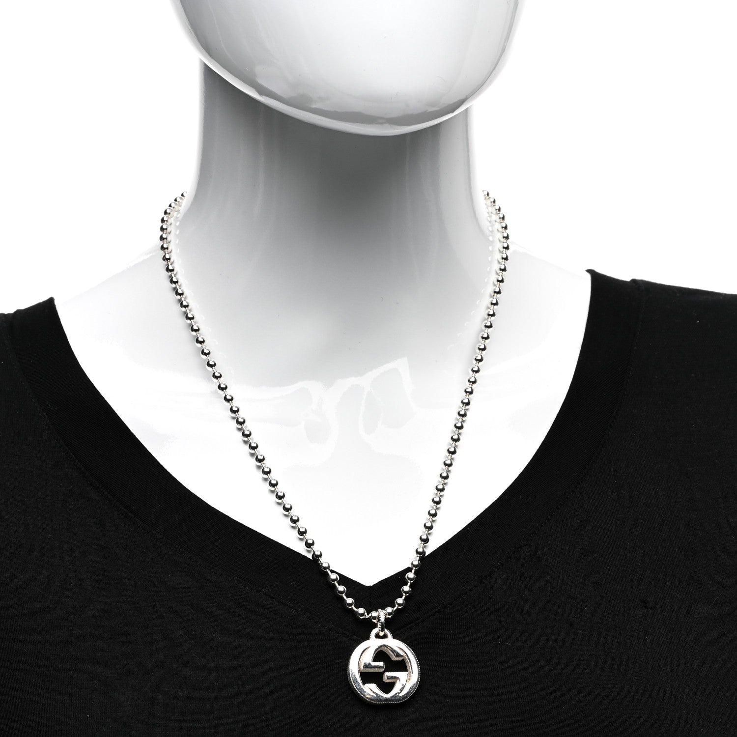 Gucci Sterling Silver Interlocking GG Pendant Beaded Necklace 2 of 4