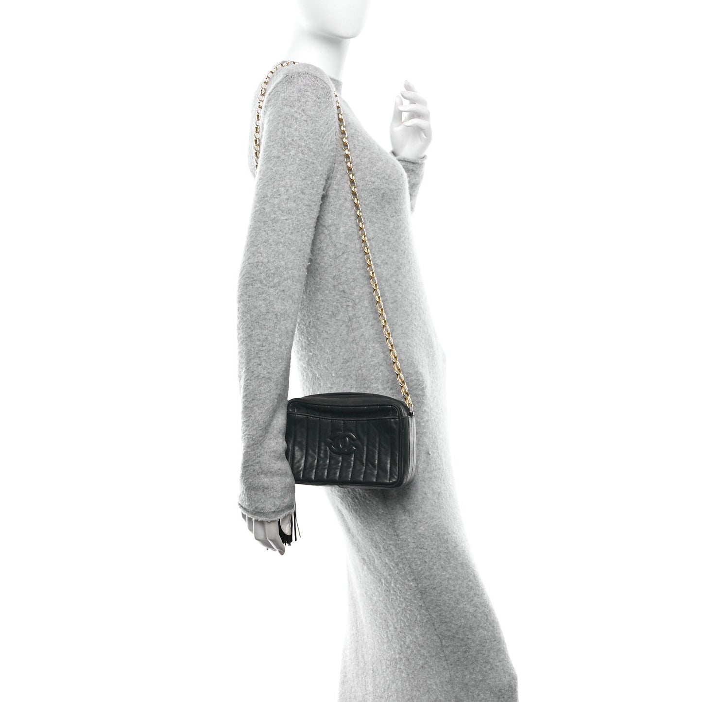 Lambskin Vertical Quilted Tassel Camera Case Black
