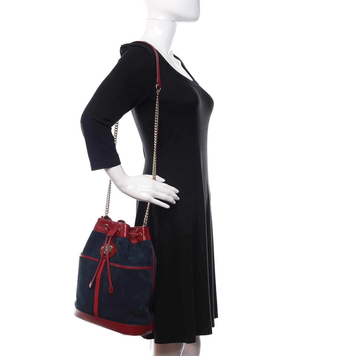 Gucci Suede Calfskin Web Medium Rajah Bucket Bag New Blue Romantic Cherry 2 of 10