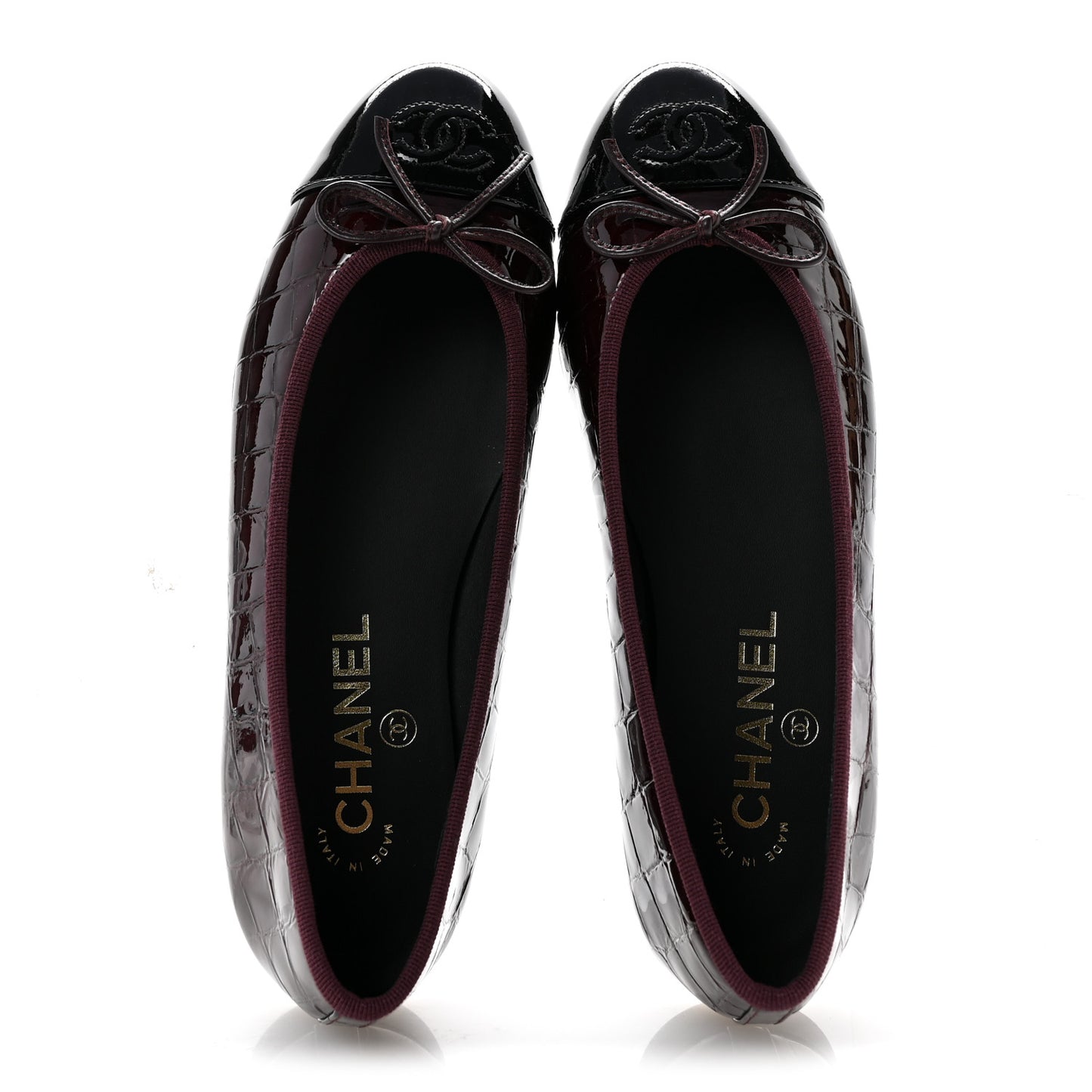 Patent Calfskin Crocodile Embossed Cap Toe CC Ballerina Flats 37 Dark Burgundy Black