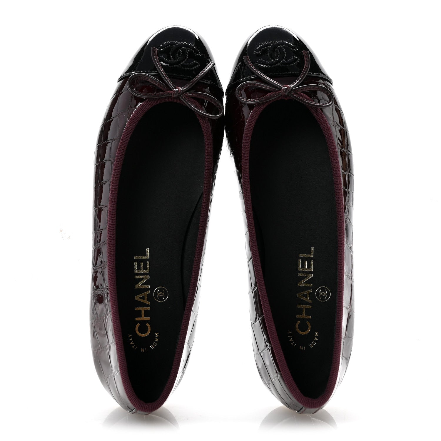 Chanel Patent Calfskin Crocodile Embossed Cap Toe CC Ballerina Flats 37 Dark Burgundy Black 2 of 10