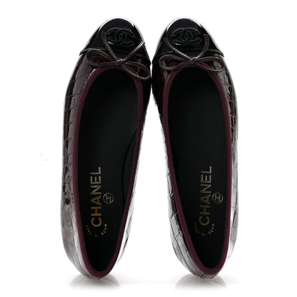 Chanel Patent Calfskin Crocodile Embossed Cap Toe CC Ballerina Flats 37 Dark Burgundy Black 2 of 10