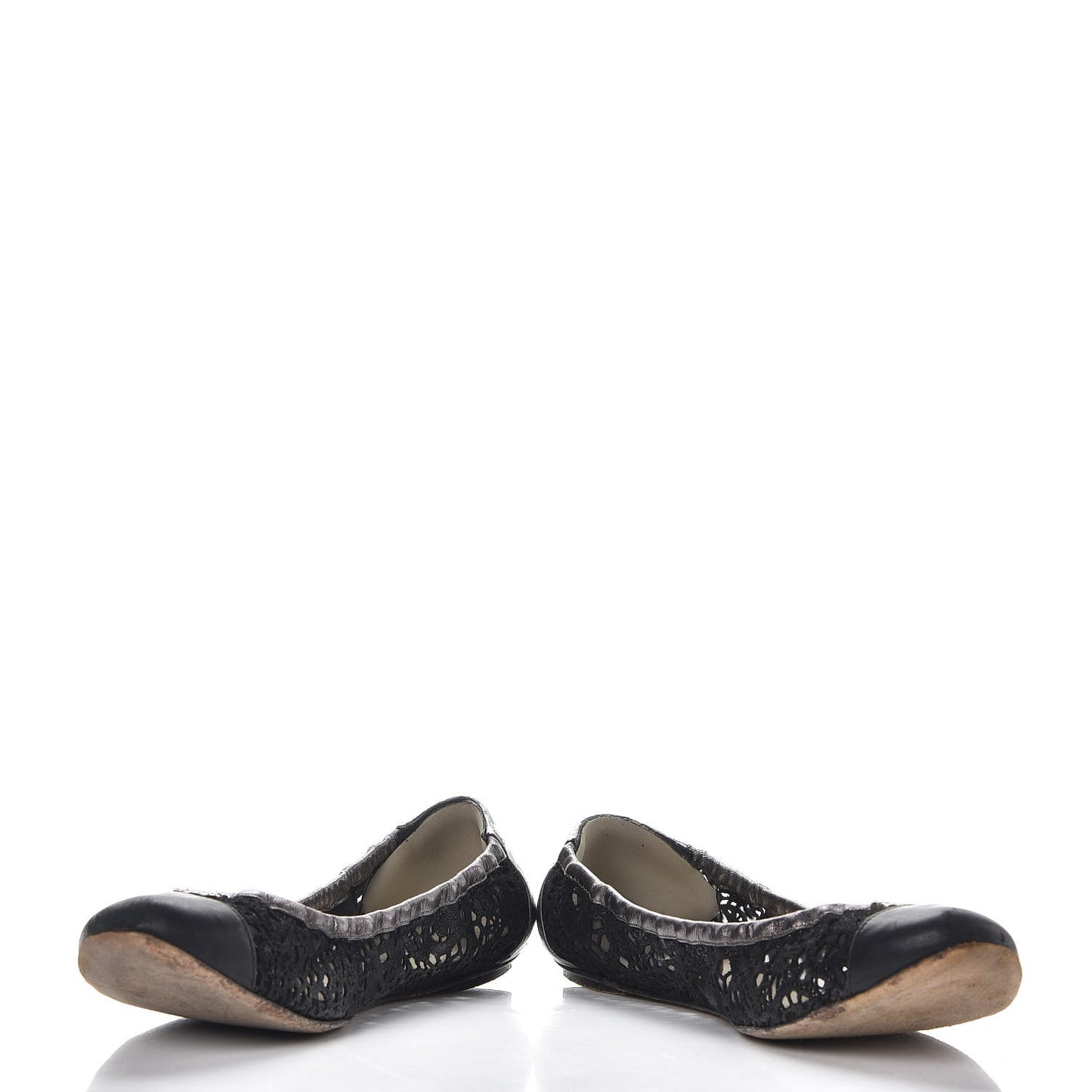Metallic Calfskin Lace Pearl CC Cap Toe Elastic Ballerina Flats 37.5 Black
