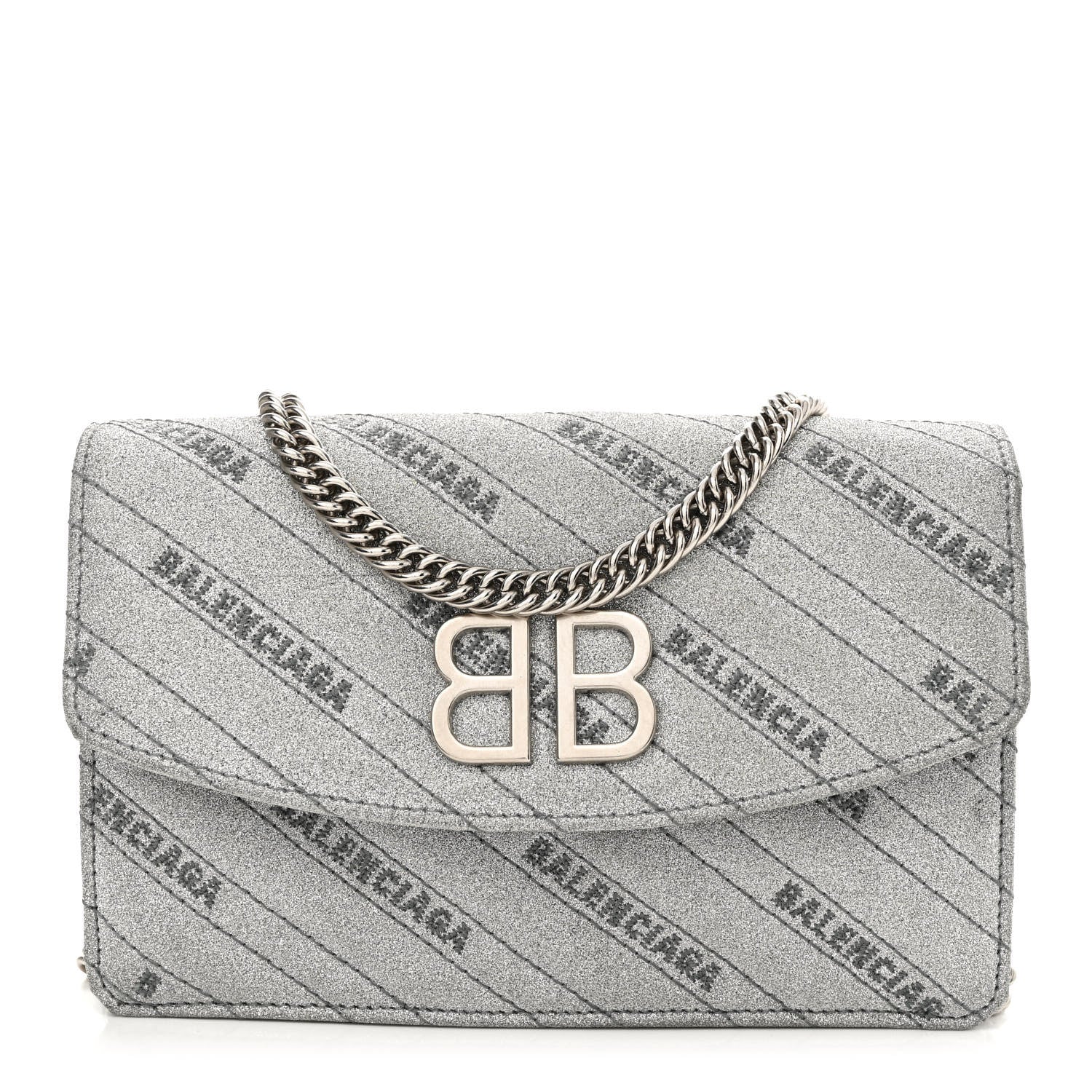 Balenciaga Glitter Logo Matelasse BB Wallet On Chain Silver 1 of 9