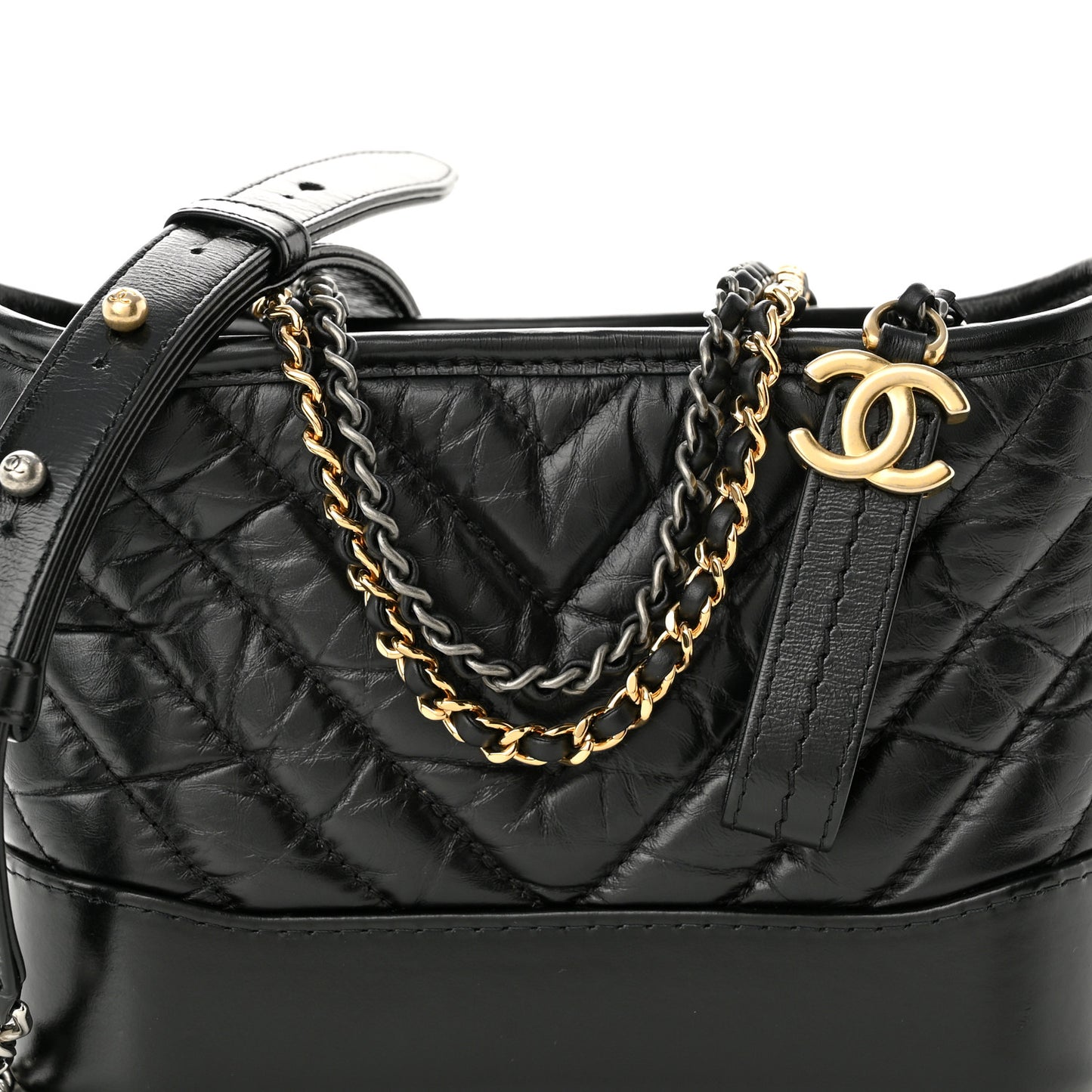 Aged Calfskin Chevron Quilted Small Gabrielle Hobo Black