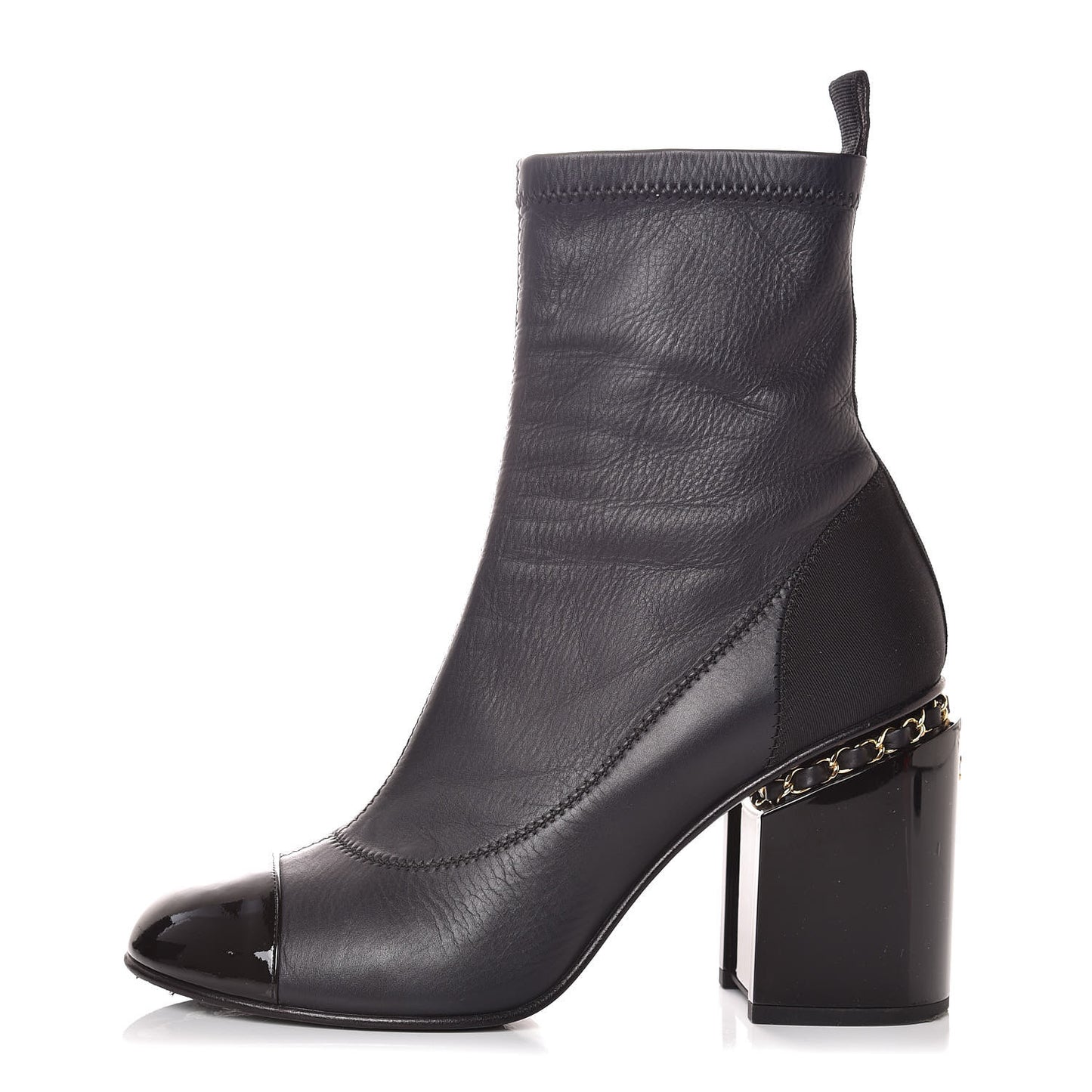Calfskin Patent CC Cap Toe Chain Ankle Boots 39.5 Navy Black