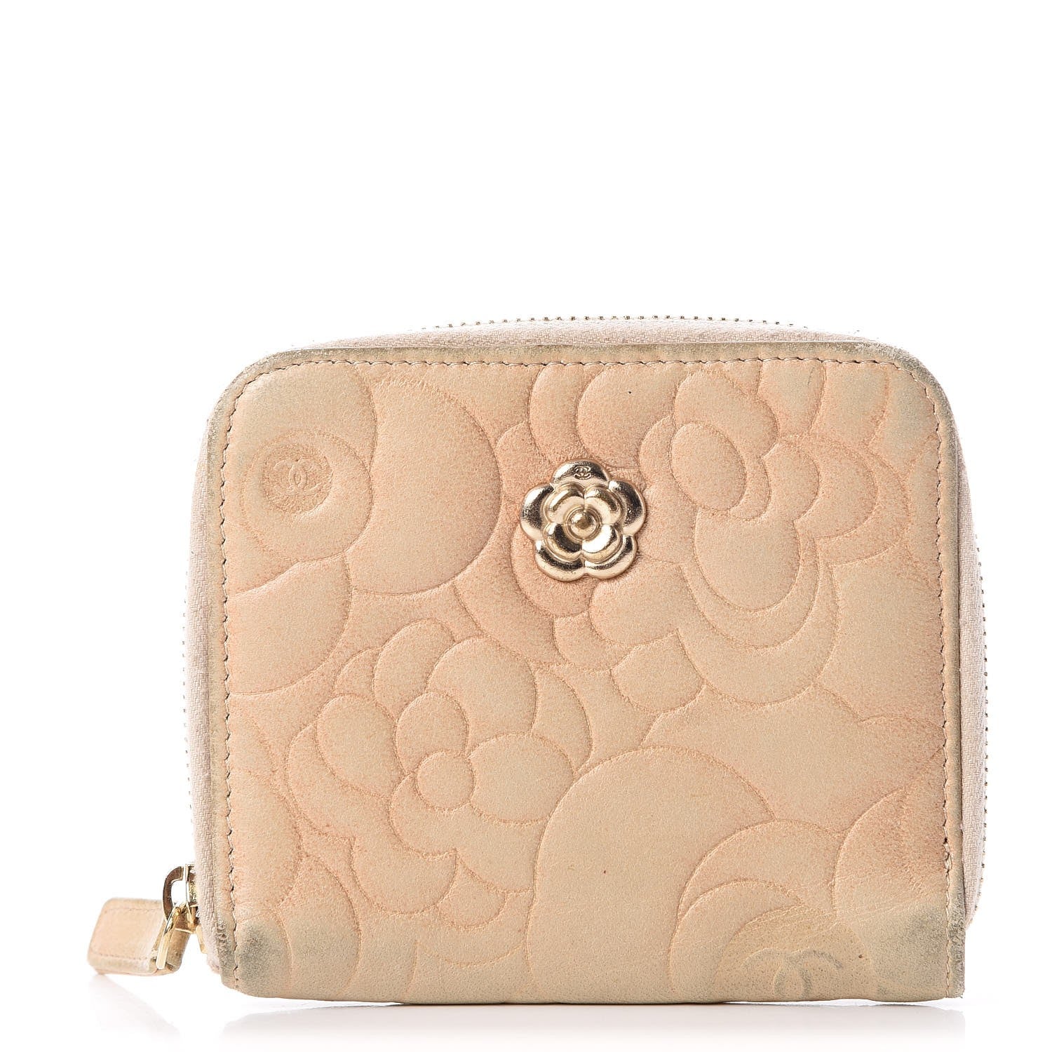 Chanel Lambskin Camellia Embossed Zip Around Card Holder Light Beige 1 of 10