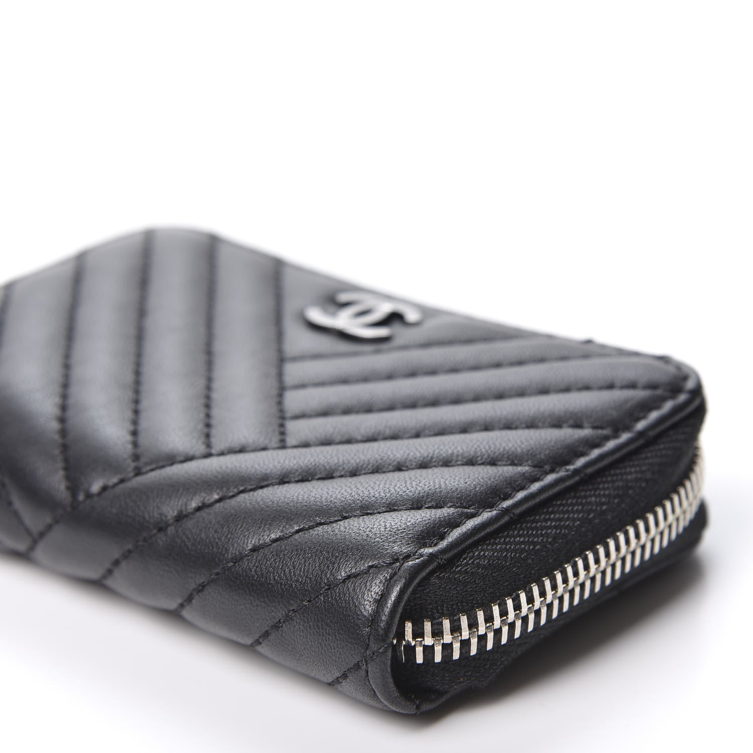 Chanel Lambskin Chevron Zip Around Coin Purse Wallet Black 6 of 10