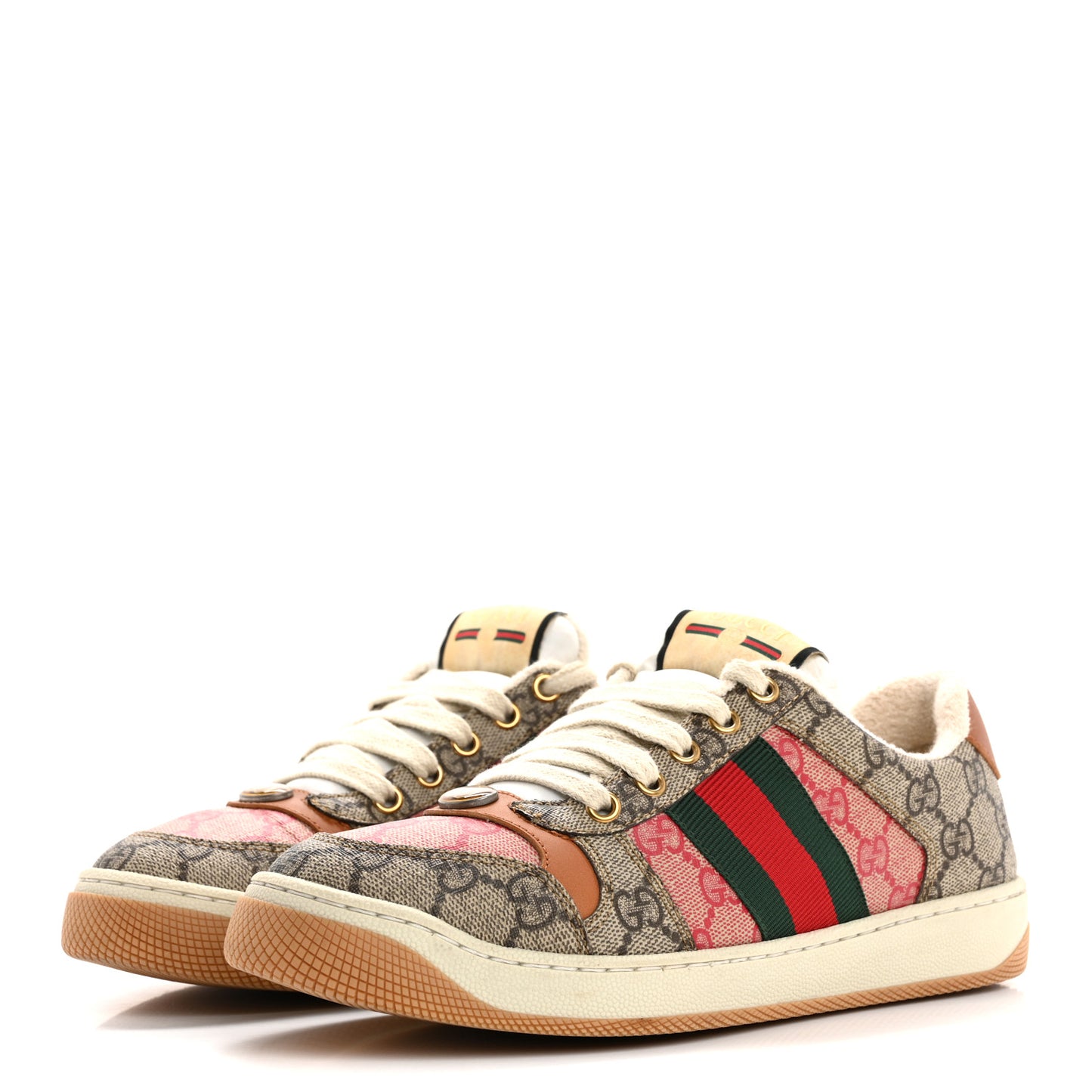 GG Supreme Monogram Harness Calfskin Web Womens Screener Sneakers 37.5 Beige Ebony Rosso Harness Brown
