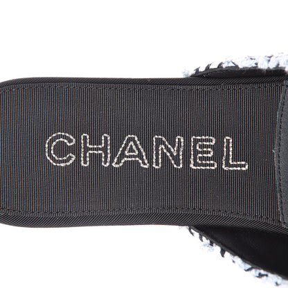 Chanel Tweed Grosgrain Camellia CC Flat Mules 36.5 Blue Silver Black 7 of 10