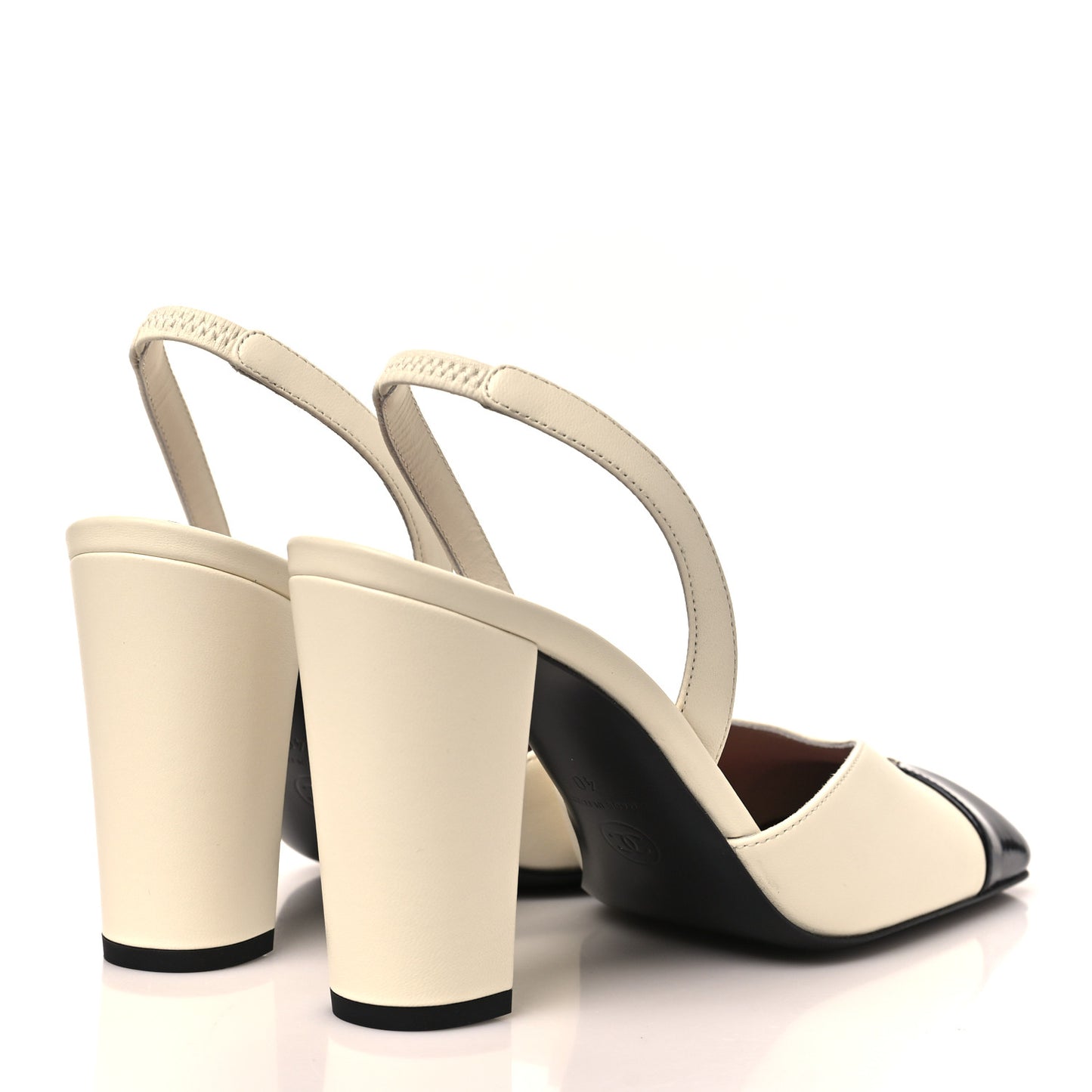 Lambskin Patent Calfskin Cap Toe CC Slingback Pumps 40 Ivory Black