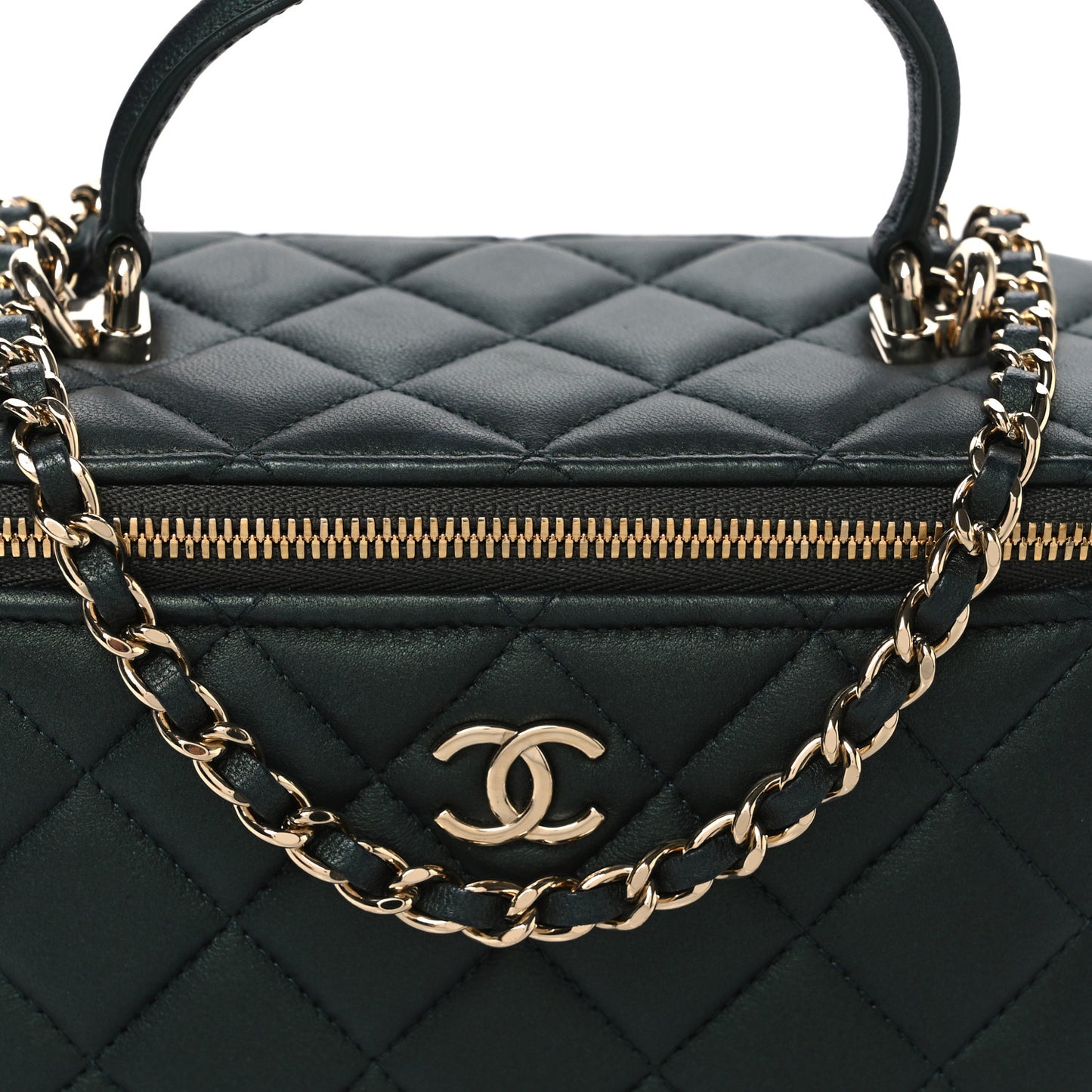 Iridescent Lambskin Quilted Small Top Handle Vanity Case With Chain Dark Green