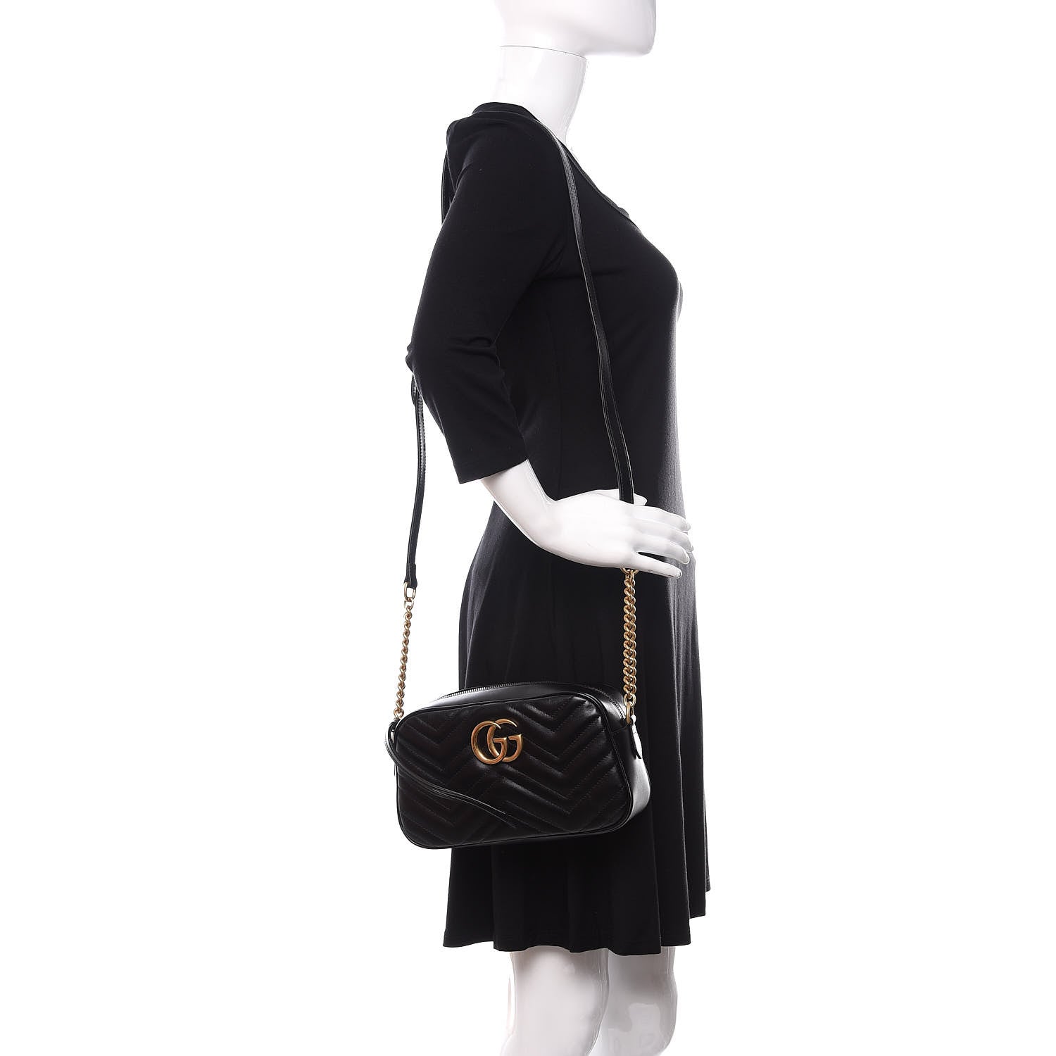 Gucci Calfskin Matelasse Small GG Marmont Chain Shoulder Bag Black 2 of 10