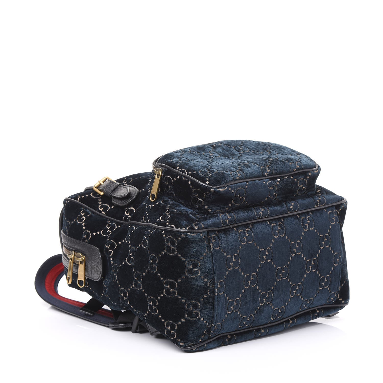 Gucci Velvet GG Monogram Textured Calfskin Web Small Double Buckle Backpack Blue Beige Black 3 of 12
