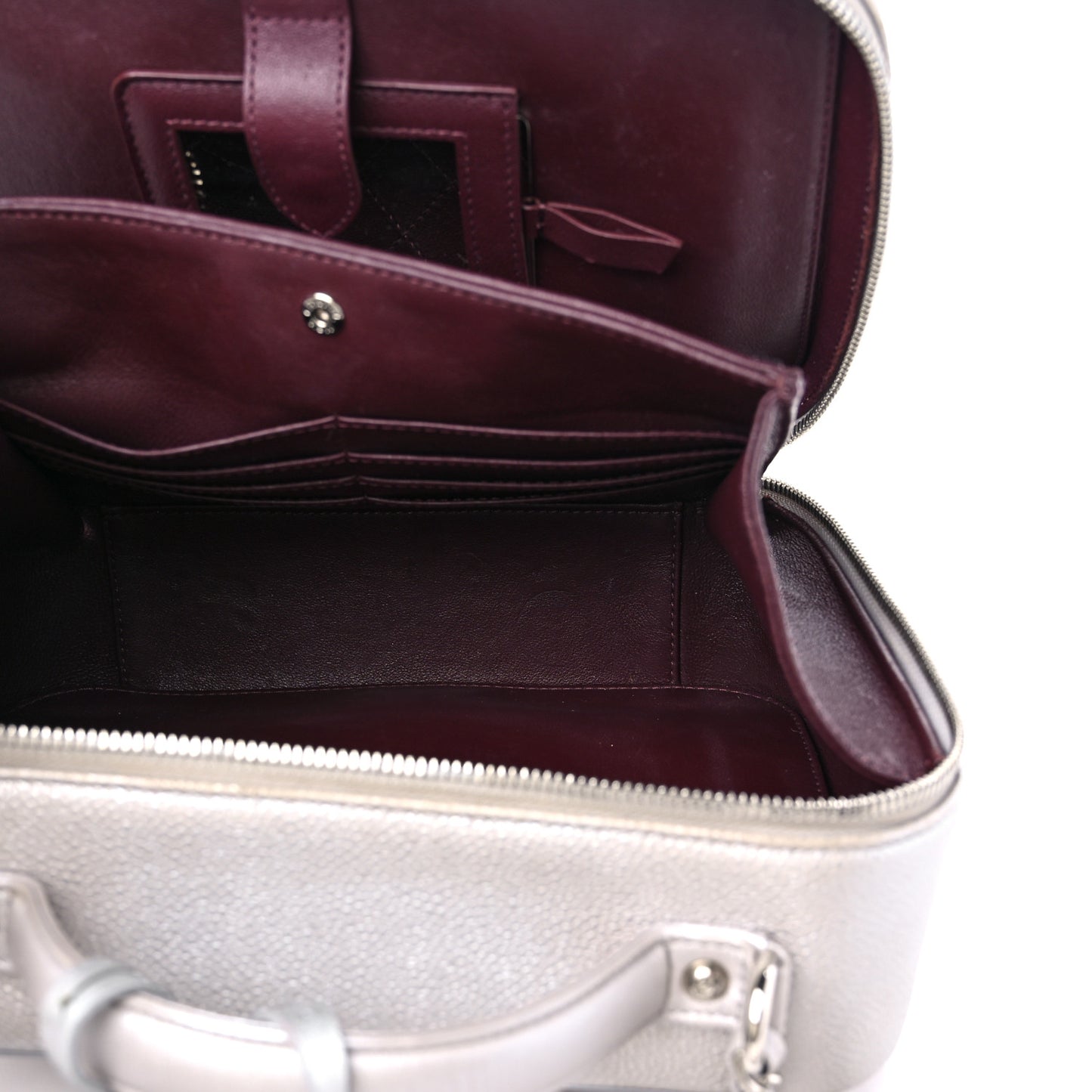 Metallic Caviar Quilted Large CC Filigree Vanity Case Silver