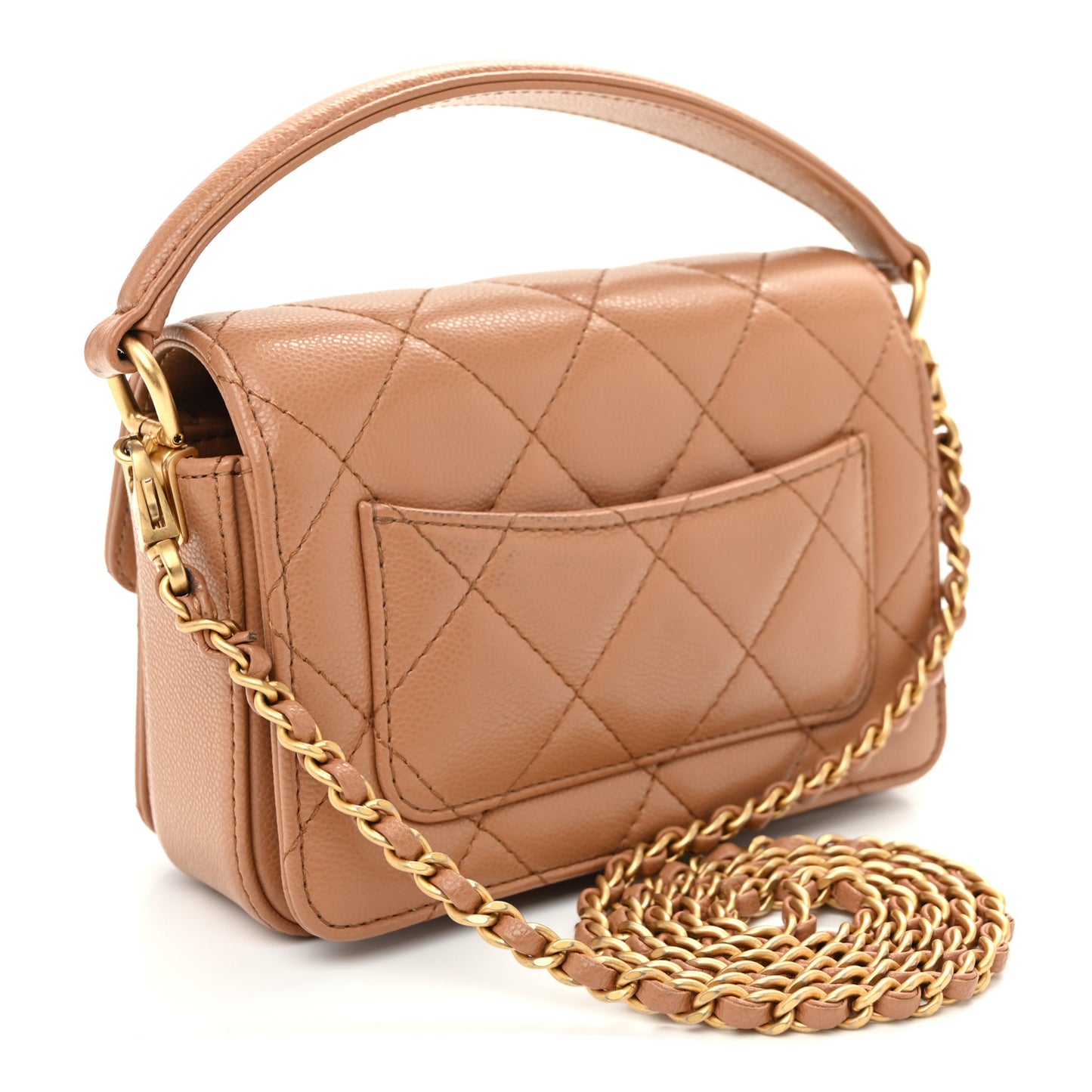 Shiny Caviar Quilted Mini Top Handle Flap Bag Camel