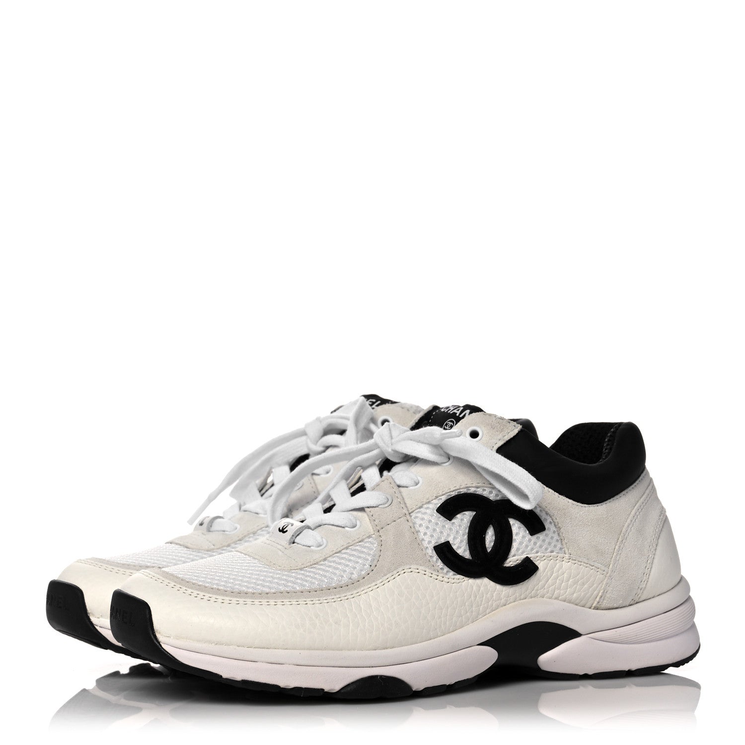 Chanel Mesh Suede Calfskin Grained Calfskin Womens CC Sneakers 39 White Black 3 of 8