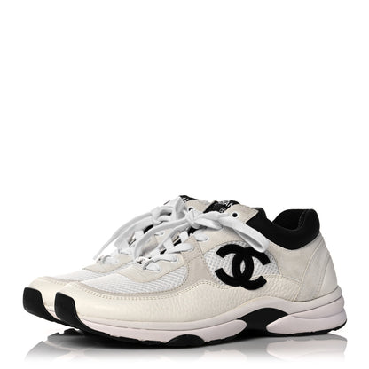 Chanel Mesh Suede Calfskin Grained Calfskin Womens CC Sneakers 39 White Black 3 of 8