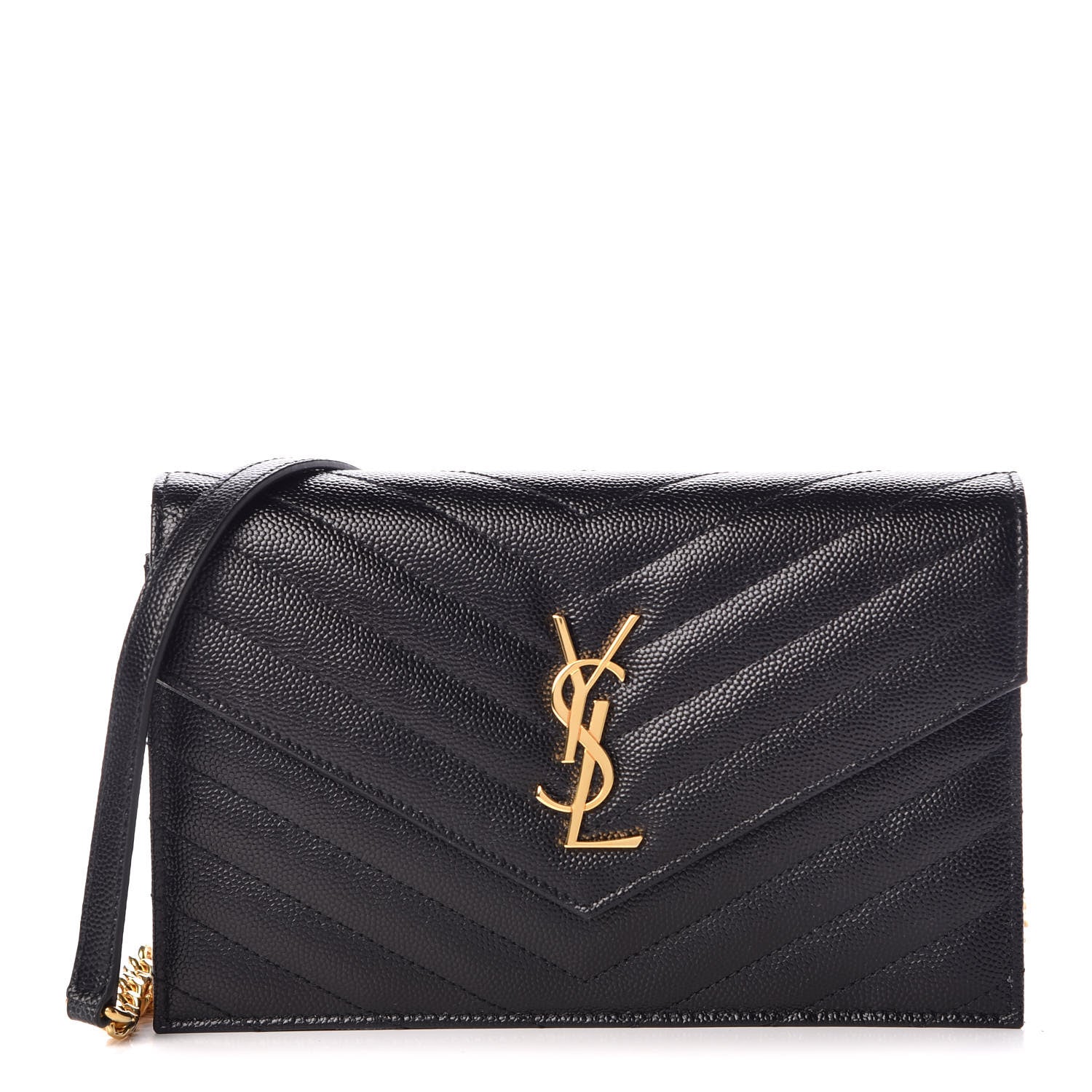 Saint Laurent Grain De Poudre Matelasse Chevron Monogram Envelope Chain Wallet Black 1 of 9