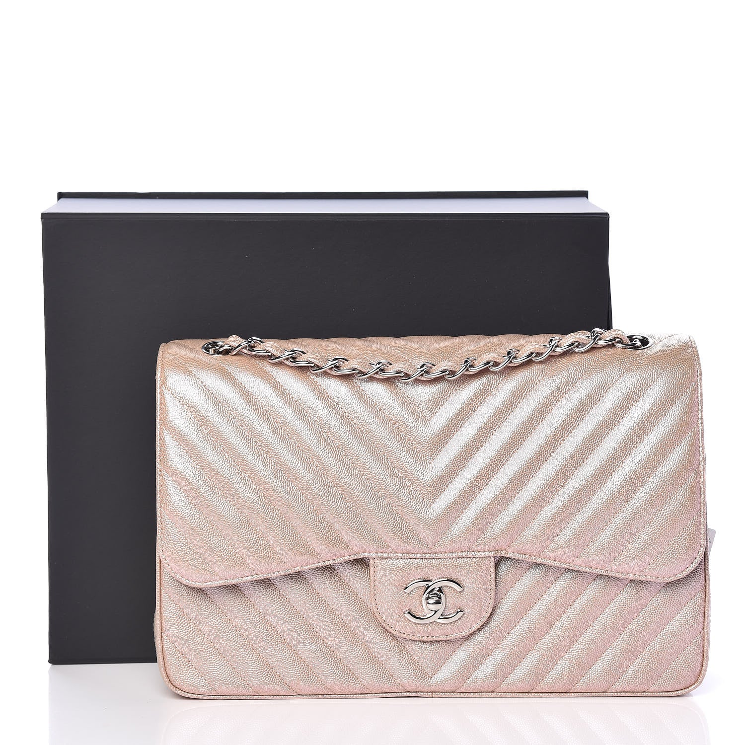 Chanel Metallic Caviar Chevron Quilted Jumbo Double Flap Light Gold 10 of 10